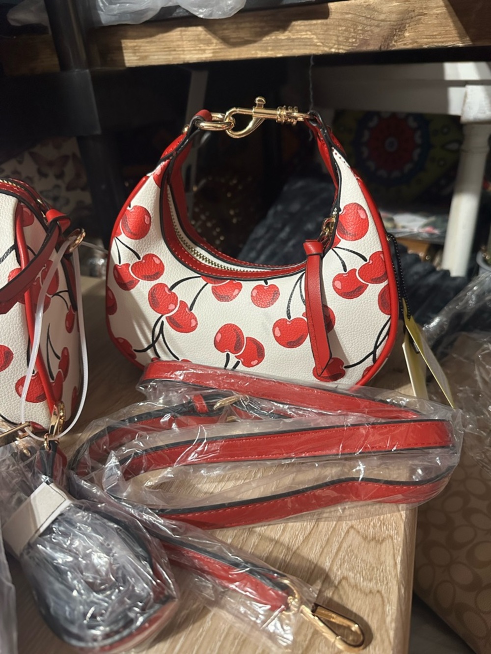 Cherry-Print Mini Hobo Bag — Red & White